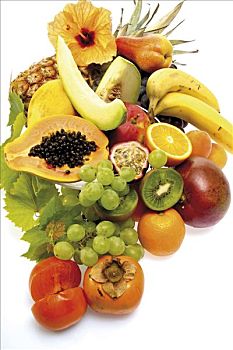 多样,水果,菠萝,甜瓜,香蕉,芒果,猕猴桃,橙色,柿子,西番莲果,金橘,梨,葡萄,木槿,花
