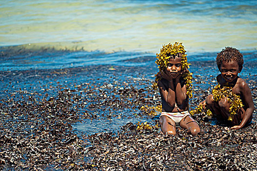 马达加斯加,小孩,玩,海草,海滩