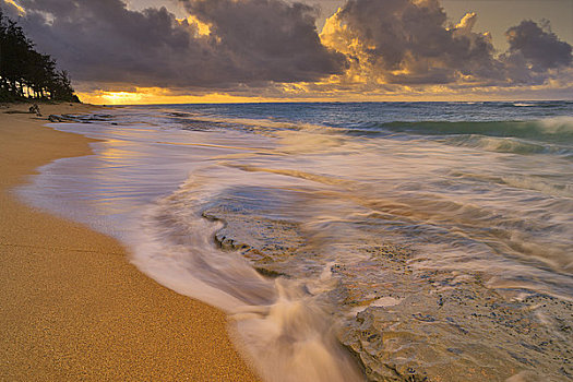 海浪,海滩,日出,考艾岛,夏威夷,美国