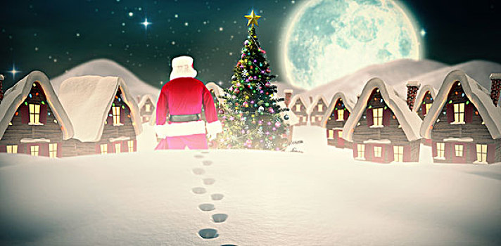 合成效果,图像,后视图,圣诞老人,拿着,袋,满月,夜空