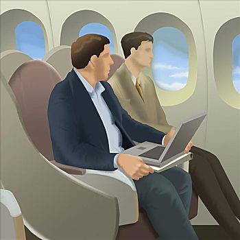 男人,坐,笔记本电脑,飞机