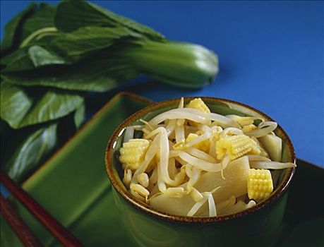 小碗,亚洲,豆芽,竹子,玉米沙拉