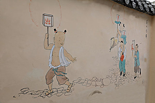 磁器口古镇磁正街民俗文化长廊壁画,荷叶灯舞