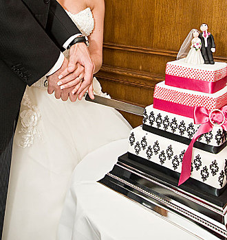 特写,新郎,新娘,切,婚礼蛋糕,结婚