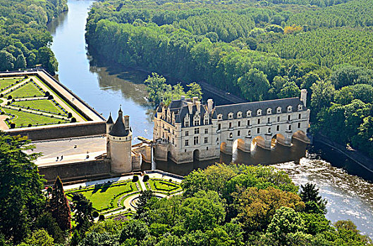 法国,中心,卢瓦尔河,舍农索城堡,宫殿,城堡,文艺复兴,风格,谢尔河,航拍