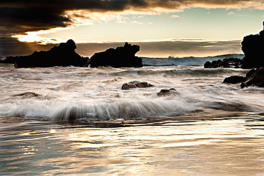 日出,海滩,新西兰