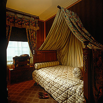 布,篷子,高处,单人床,暗色,擦亮,木质,床架