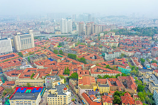 航拍山东青岛市南区城市红瓦绿树风光美景