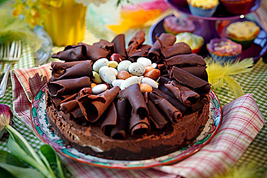 巧克力蛋糕,巧克力刨花,糖豆
