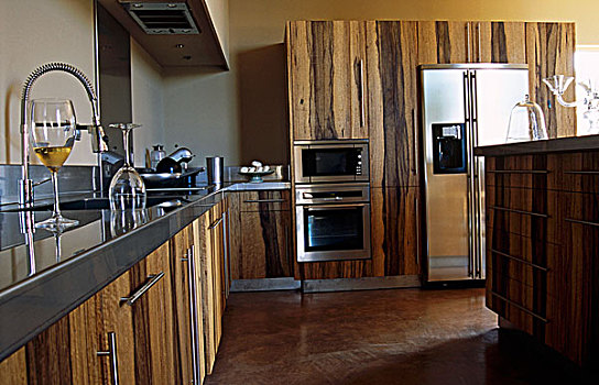 现代,厨房,特征,柜子,独特,木,薄板,门,不锈钢,器具,工作,表面