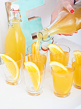 自制,橙子,姜,柠檬水,倒出,玻璃杯