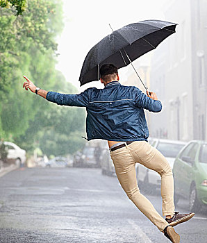 男人,跳舞,伞,下雨,街道