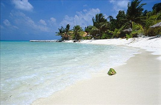 蓝天,蓝绿色海水,白沙,夏天,岛屿,乡村,北方,马累环礁,马尔代夫,印度洋