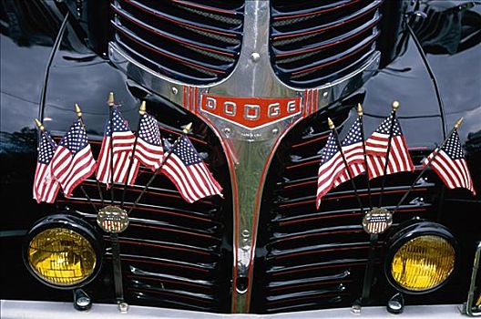 特写,引擎盖,古董车,美国国旗