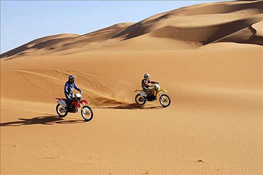 两个,摩托车越野,骑手,沙丘,却比沙丘,梅如卡,摩洛哥