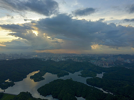 清晨时分的广东惠州市红花湖景区航拍风光