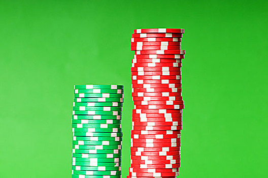 一堆,赌场,筹码,绿色背景