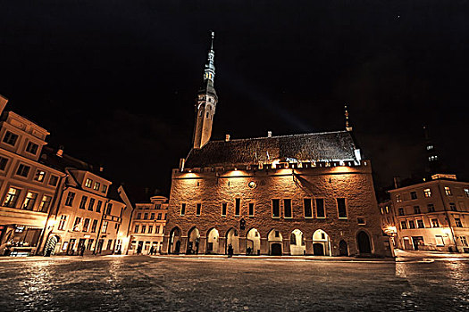 光亮,市政厅,冬天,夜晚,老城,塔林,爱沙尼亚