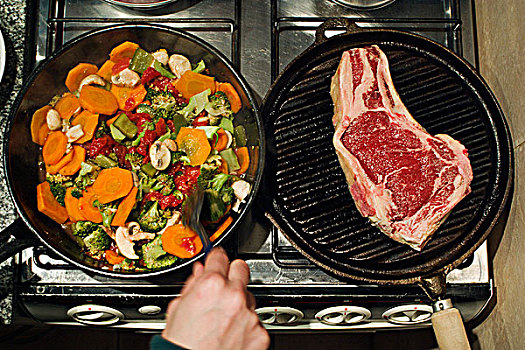 肉排,蔬菜,烹调,煤气炉
