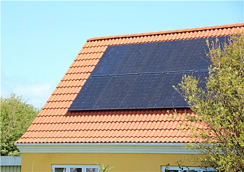 太阳能电池板,房子,屋顶,红色,砖瓦