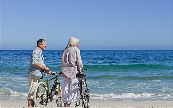 老年,夫妻,自行车,海滩