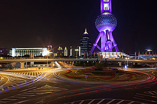 交通环岛,红绿灯,正面,上海,电视塔,中国