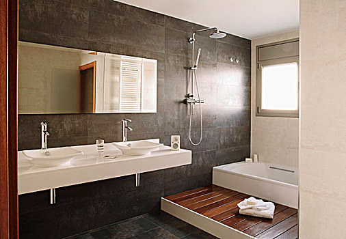 风景,设计师,浴室,白色,盥洗盆,相似,盆,墙壁,木质,浴缸