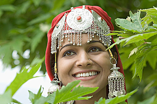 特写,女人,微笑,查谟-克什米尔邦,印度