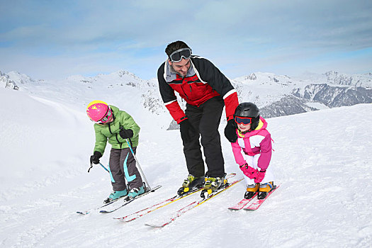 滑雪,指导,教育,孩子,儿童,向下,滑雪坡