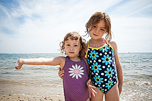 头像,两个,孩子,姐妹,海滩,法尔茅斯,马萨诸塞,美国