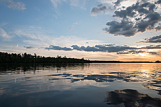 反射,云,日落,湖,木头,安大略省,加拿大