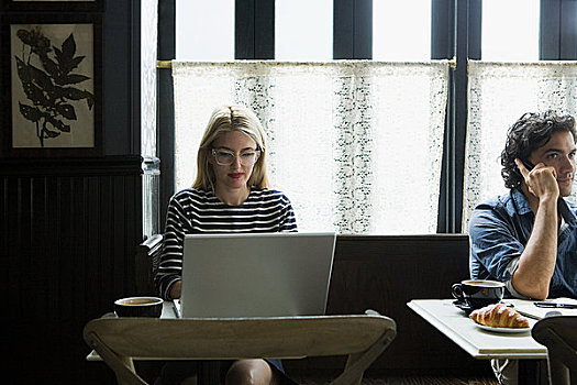 女人,工作,笔记本电脑,咖啡馆