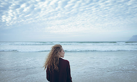 美女,站立,脸,海洋,海滩