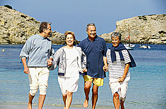 两个,老年,夫妻,走,海滩
