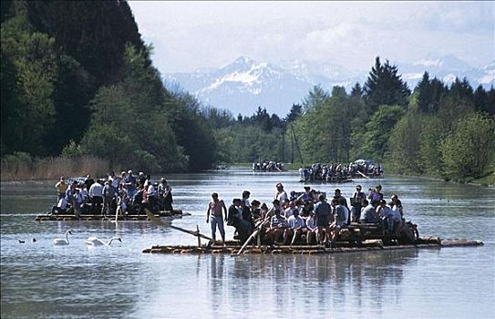 一群人,木质,筏子,伊萨尔河,巴伐利亚,德国,欧洲