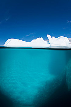 格陵兰,伊路利萨特,水下视角,淹没,融化,冰山,雅各布港冰川,漂浮,迪斯科湾,晴朗,夏天,早晨