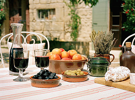 户外桌,葡萄酒,开胃食品