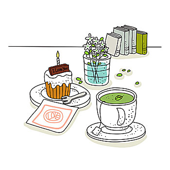 插画,杯形蛋糕,绿茶