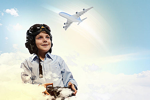 图像,小男孩,飞行员,头盔,玩,玩具,飞机,云,背景