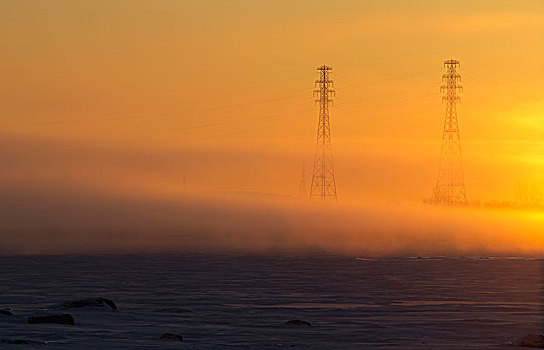 电线塔,雾,日出,岸边,劳伦斯河,魁北克,加拿大