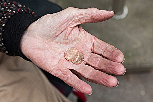 手,手掌,老人,拿着,两个,硬币,养老院,老年之家,柏林,德国,欧洲