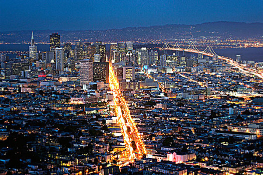 俯拍,城市,光亮,黄昏,旧金山,加利福尼亚,美国