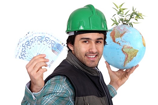 劳工,拿着,地球,绿色植物,20欧元,钞票