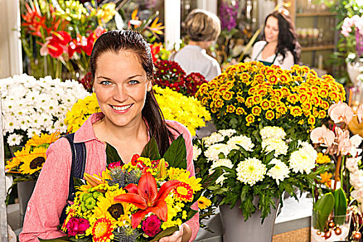 愉悦,花商,女人,展示,彩色,花,市场