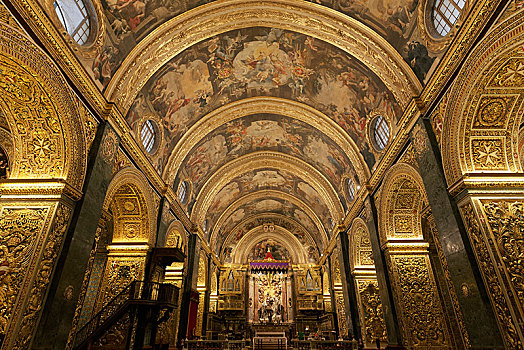 教堂中殿,天花板,绘画,巴洛克,瓦莱塔市,马耳他,欧洲