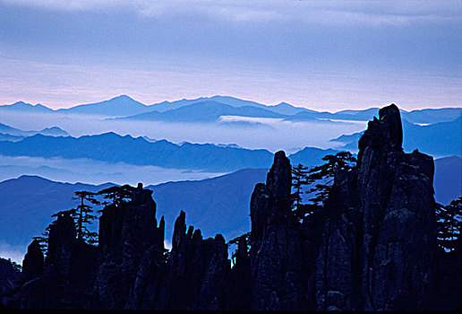 剪影,山峰,层次,山,雾气,黄山,安徽