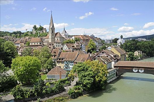 历史名城,中心,教堂,木桥,穿过,利马特河,巴登,阿尔皋,瑞士,欧洲
