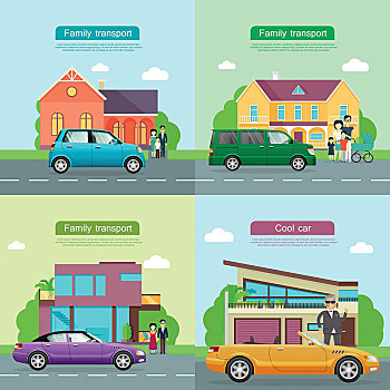 家庭,运输,收集,汽车,象征,四个,小,蓝色,绿色,小型客货车,紫色,屋顶,途中,靠近,房子,黄色,敞篷车,男人,矢量