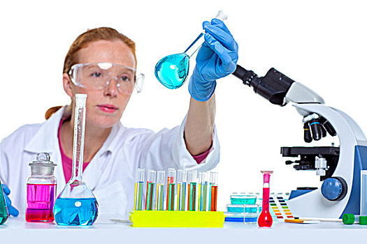 化学品,实验室,科学家,女人,工作,玻璃,长颈瓶