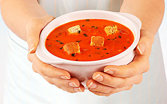 女人,吃,西红柿汤
